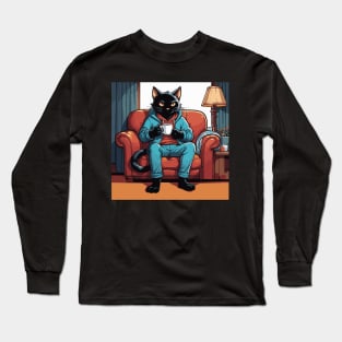 Black Cat Enjoying a Mug of Hot Chocolate Long Sleeve T-Shirt